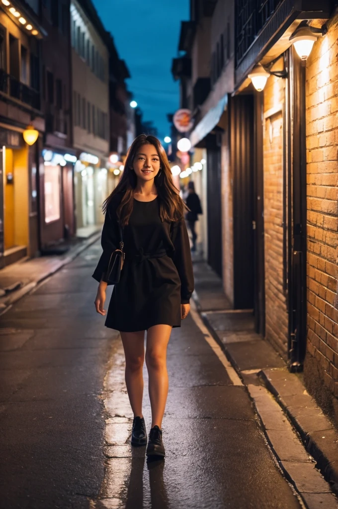 A picture of a beautiful girl walking happily through the city at night