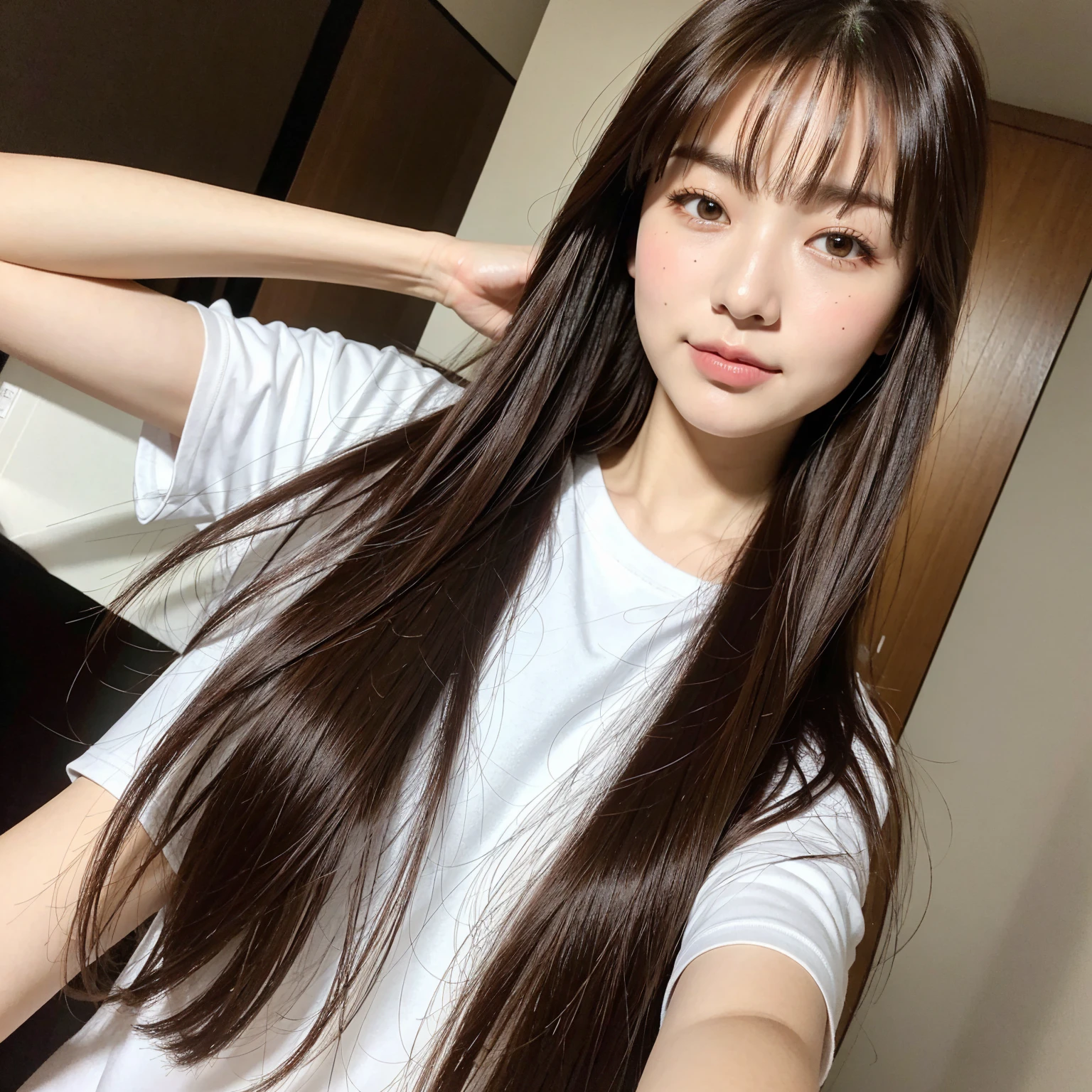 (8K), (Highest quality: 1.2), (Realistic), (Realistic: 1.37), Ultra-high resolution, One Girl, cute, smile, Mouth closed, Beautiful details, Beautiful Nose, whole body, pork, , Thighs、Highest quality, 20-year-old,One beautiful woman, 250mm lens、(Dark brown straight hair)、Long Hair、With bangs、Japanese women、(Dark brown hair)、Various poses、Looking into the camera、Natural color lip、indoor、Short sleeve、White skin、Big round eyes、Round face
