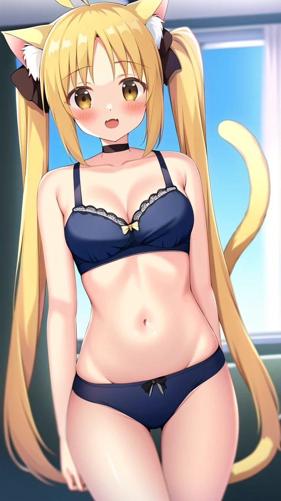 highres, high quality, 1girl, ijichi nijika, blush, open mouth, tight pajama bra and , cat ears, cat tail, blurry background, indoors