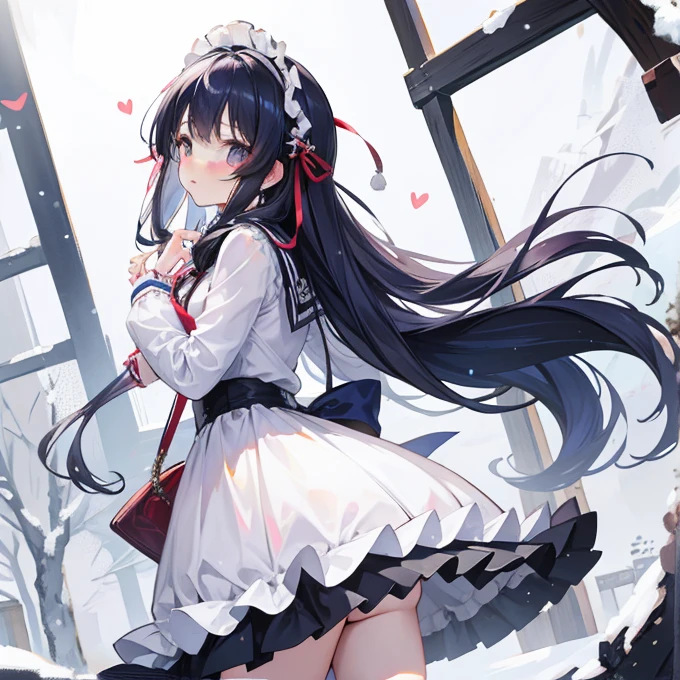 Long navy hair,Fluffy ta Skirt,Fufu has a very cute face,It's a cute girl,In the snow