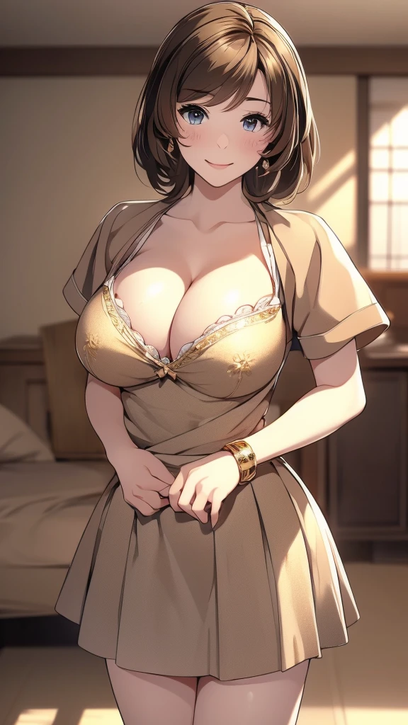 (masterpiece)), ((best quality)), (Super detailed), ((Kawaii)), Cute, (charming), ((Very detailed)), 4K, (8K), best quality, (fair),(((world class quality))), Very detailed, High resolution, (Detailed shading beautiful face), whole body, Become a, alone, ((())), (((Breast sagging))), spring，Grey sweater hip skirt，indoor，Smile，noble，There is a gold bracelet on the right hand，Brown wavy short hair