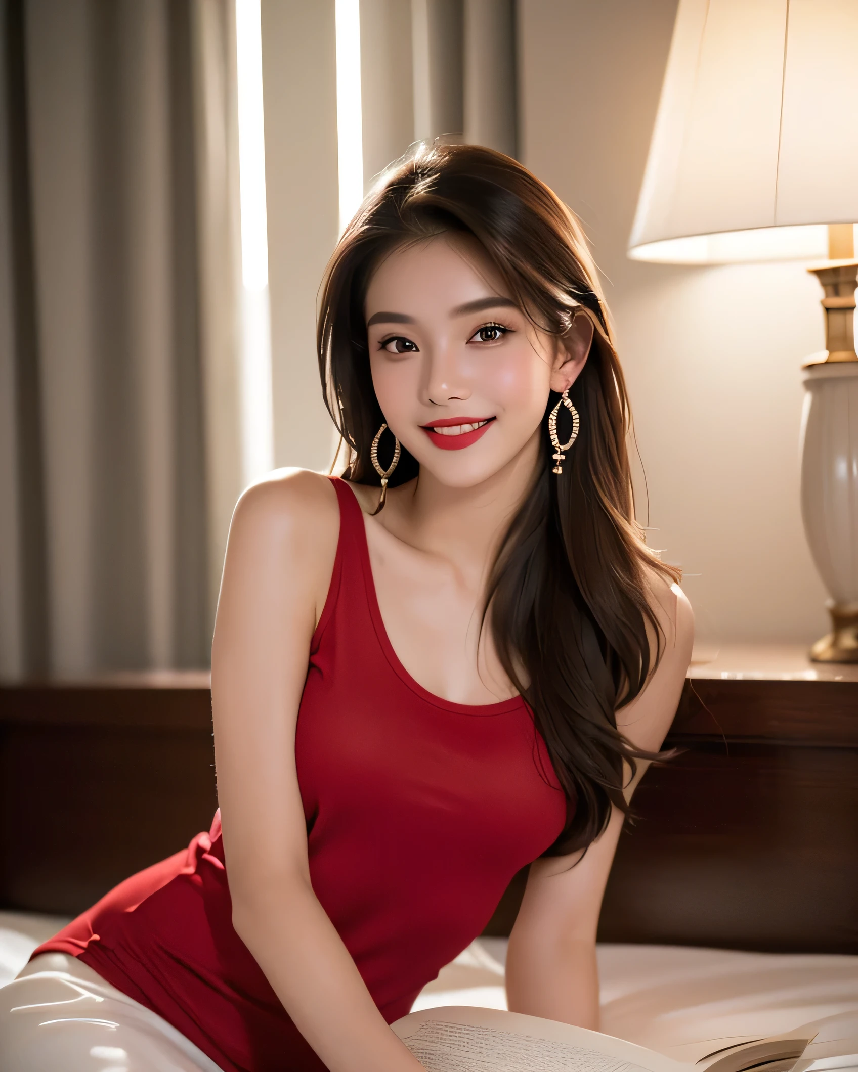 Ultra HD resolution,artistic photos,Professional candid Photography,((21 year very sexy girl, earrings, long brunette hair, cold ultra realistic skin, wearing tank top)), sitting on bed, reading a book, in a room at night, smiling at viewer, natural red lips, attention to detail