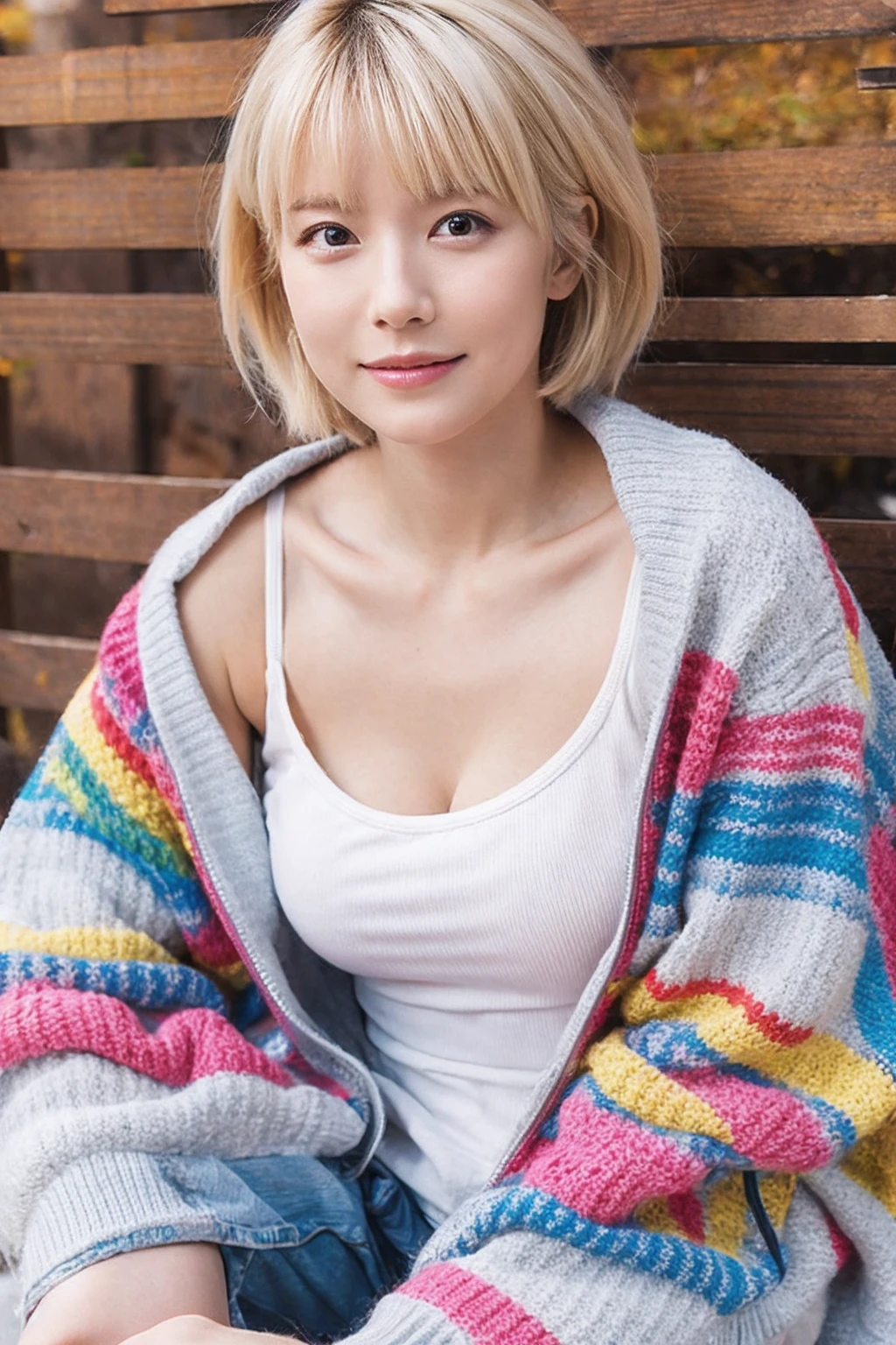(Highest quality, 8K, 32k, masterpiece, Ultra-high resolution:1.2),Beautiful Japanese Women Photos, Blonde、Rainbow clothes、Rainbow hoodie、Large Breasts, Very short bob hair,Gray Hair, Simple Background, From above, View your viewers,White Hair、White background、Colorful clothing、whole body、whole bodyのポートレート、piece,Blonde