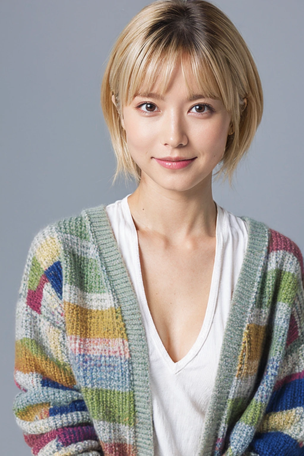 (Highest quality, 8K, 32k, masterpiece, Ultra-high resolution:1.2),Beautiful Japanese Women Photos, Blonde、Rainbow clothes、Rainbow hoodie、Large Breasts, Very short bob hair,Gray Hair, Simple Background, From above, View your viewers,White Hair、White background、Colorful clothing、whole body、whole bodyのポートレート、piece,Blonde