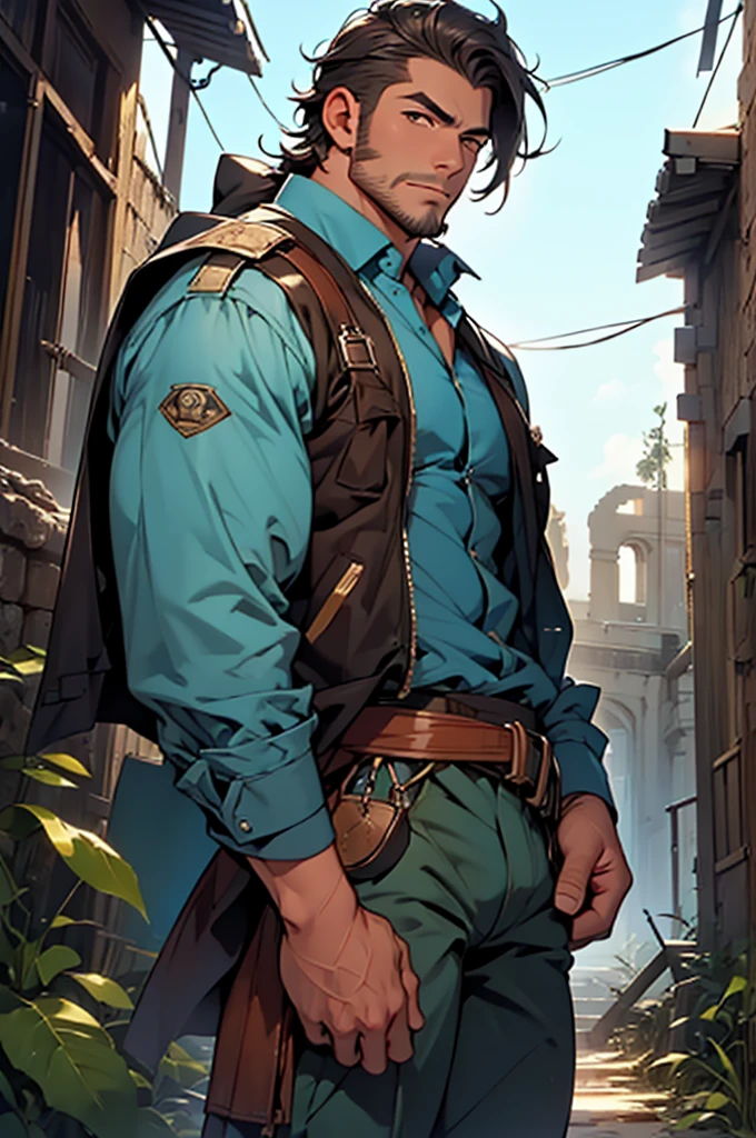 (Highest quality, 8K, 32k, masterpiece, Ultra-high resolution:1.2),detailed eyes,A fearless male archaeologist, sideburns, Shaving,The background is the ruins at night