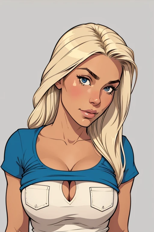 Flat colors, close up, Portrait of a 25 year old surfer girl, tan skin, beach blonde salty hair, natural beaty, beautiful, casual, pocket Tee shirt, large breast, Cleavage, (([Simple Grey Background]))