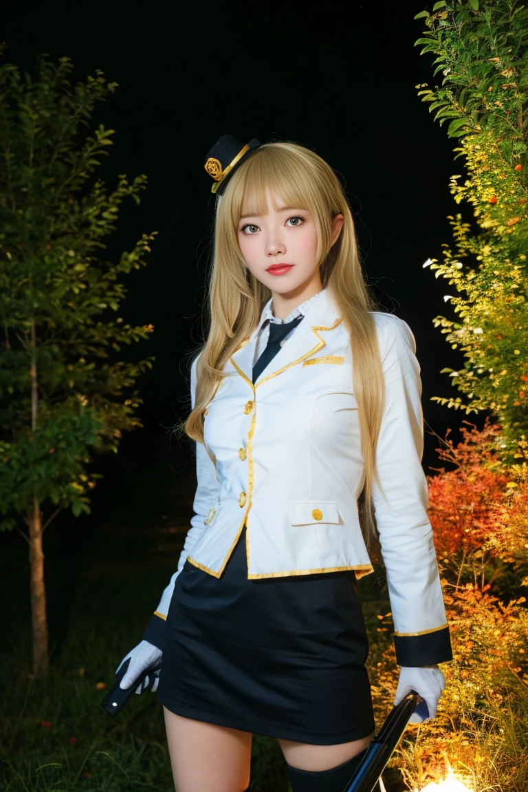 best quality, tmasterpiece,Ultra-high resolution,Clear face,(Reality:1.4),ferpect lighting,(upper body:1.5), (photorealistic:1.50), anime wallpaper, Guviz style artwork, cover-up fantasy up to magic , by Yang J, Guviz, beautiful artwork illustration, beautiful digital artwork, beautiful digital illustration, Li Song, beautiful anime portrait, art style in Beauvot, Minami Kotori, 1girl, 独奏,cosplay, looking at viewer,
long hair, blonde hair,bangs, side ponytail,single hair bun,
gloves, mini hat, pencil skirt, Miniskirt, long sleeves, police uniform,
outdoors,photo background, meadow, Garden, standing, looking at viwer, Night sky,