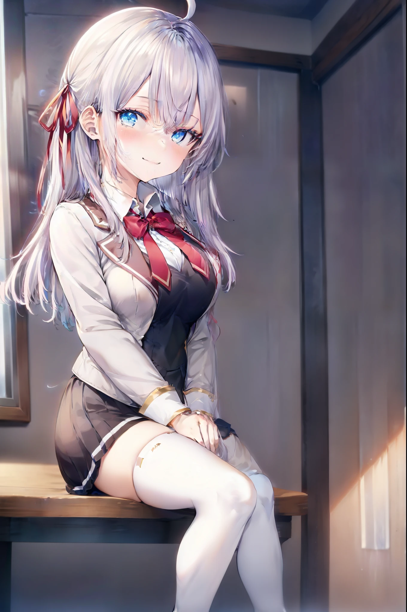 Alisa Mikhailovna Kujou、blush,smile、Silver Hair、Blue Eyes、uniform、Red ribbon、Ahoge、Usual hairstyle、Beautiful legs、Full body view、Highest quality, High resolution, unity 8k wallpaper, (shape:0.8), (Beautiful and beautiful eyes:1.6), Highly detailed face, Perfect lighting, Highly detailed CG, (Perfect hands, Perfect Anatomy),
