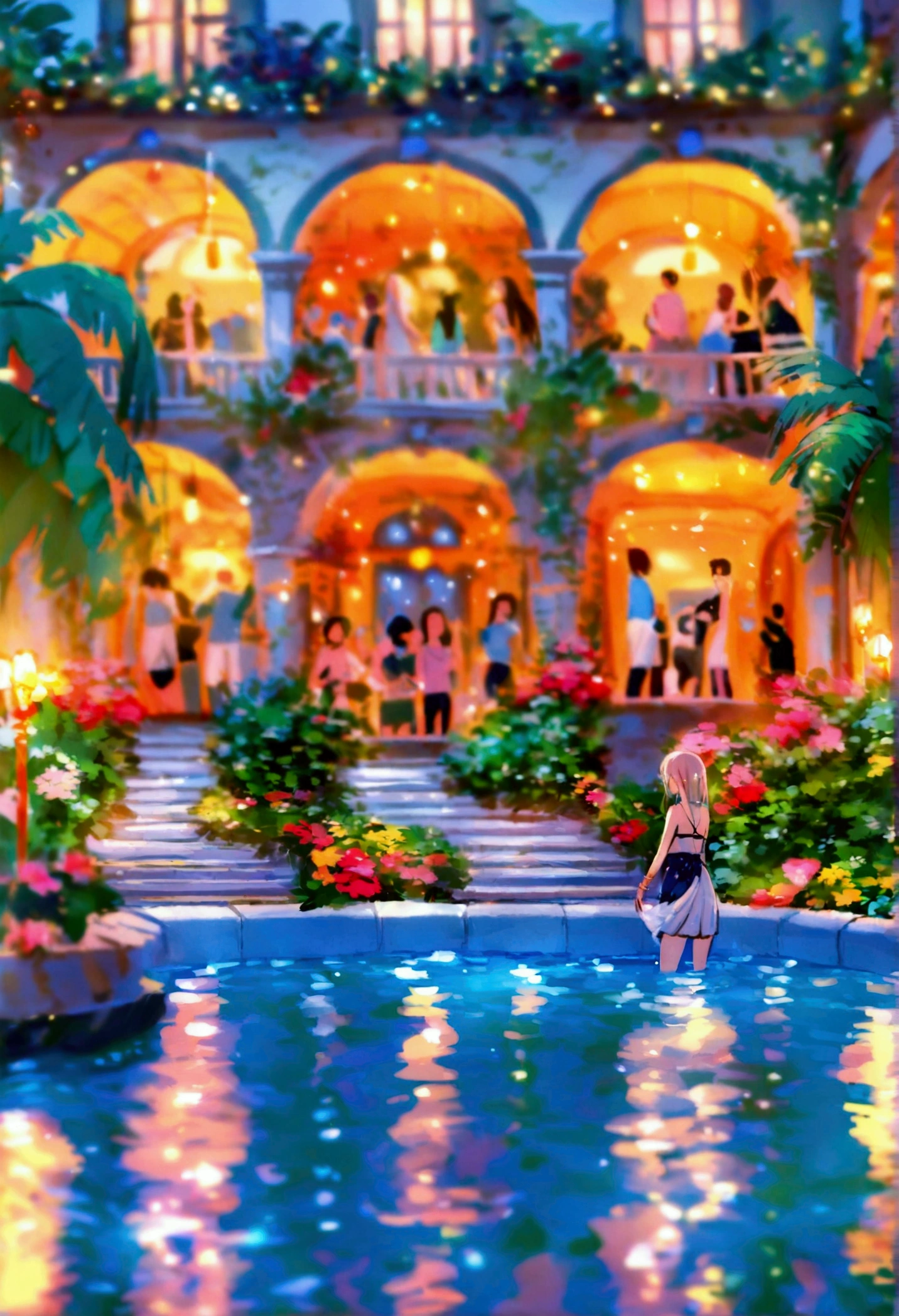 Many people are dancing by the pool、summer night