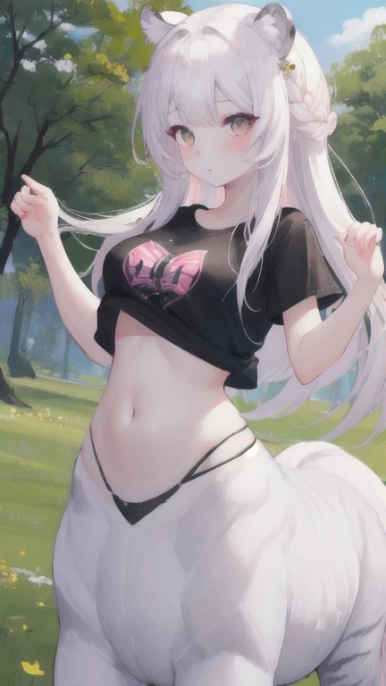 (best quality, masterpiece), 1 girl, centaur, It takes, White skin, Korean ,daughter, black pink, exposing the abdomen, belly button t-shirt , 아름다운 소녀 Perfect wild white tiger photo, Perfect wild white tiger photo