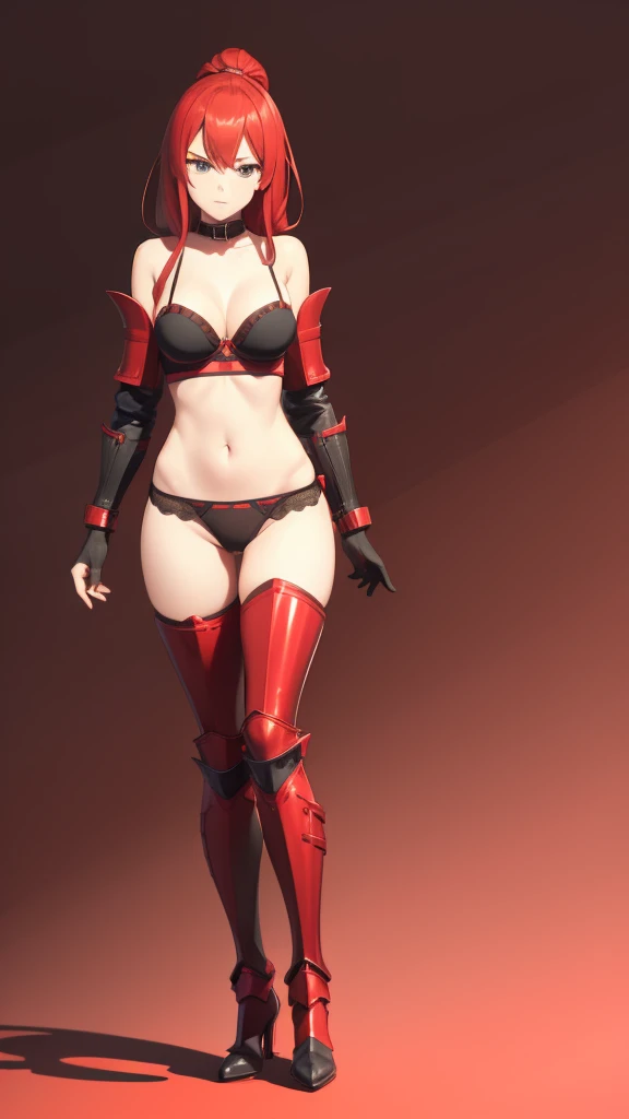 a girl wearing bra and panties only, full body shot, red hair, thigh high armored boots, simple background