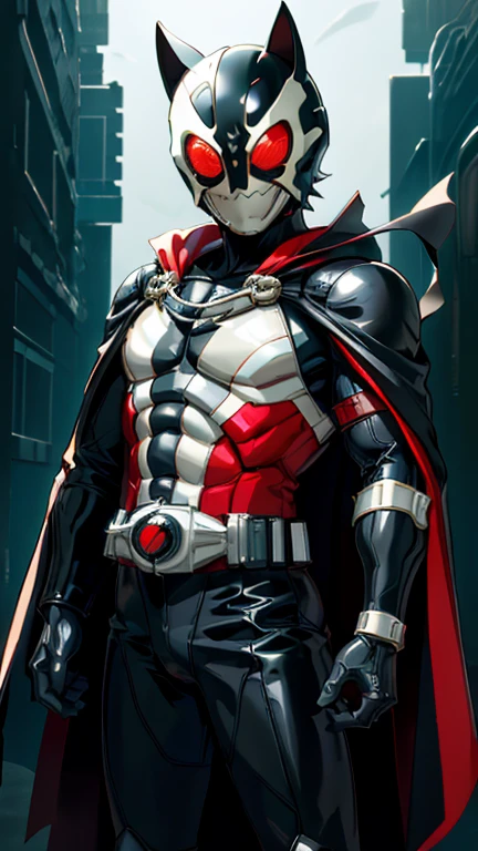 (8k),(masterpiece),(Japanese),(8-year-old boy),((innocent look)),((Childish)),From the front,smile,cute,Innocent,Kind eyes,Flat chest,black helmet,white domino mask,red cape,spawn,short,Black Hair,Strong wind,night,dark, Neon light cyberpunk city,Kamen rider,camisa