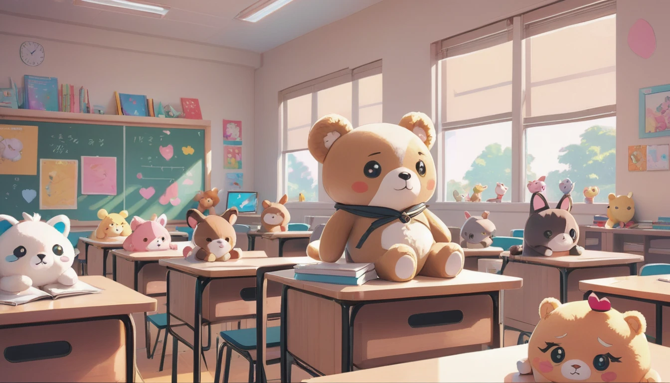 there are many stuffed animals sitting in a classroom with desks, classroom background, adorable digital painting, cute 3 d render, artwork in the style of guweiz, animation style render, typical anime classroom, kawaii hq render, childrens art in artstation, cute detailed digital art, highschool background, cute digital art, in the style of ross tran