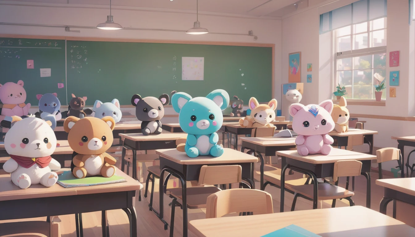 there are many stuffed animals sitting in a classroom with desks, classroom background, adorable digital painting, cute 3 d render, artwork in the style of guweiz, animation style render, typical anime classroom, kawaii hq render, childrens art in artstation, cute detailed digital art, highschool background, cute digital art, in the style of ross tran