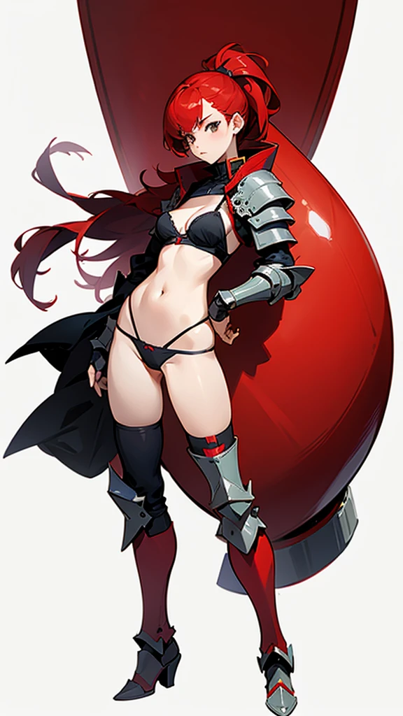 a girl wearing bra and panties only, full body shot, red hair, thigh high armored boots, simple background