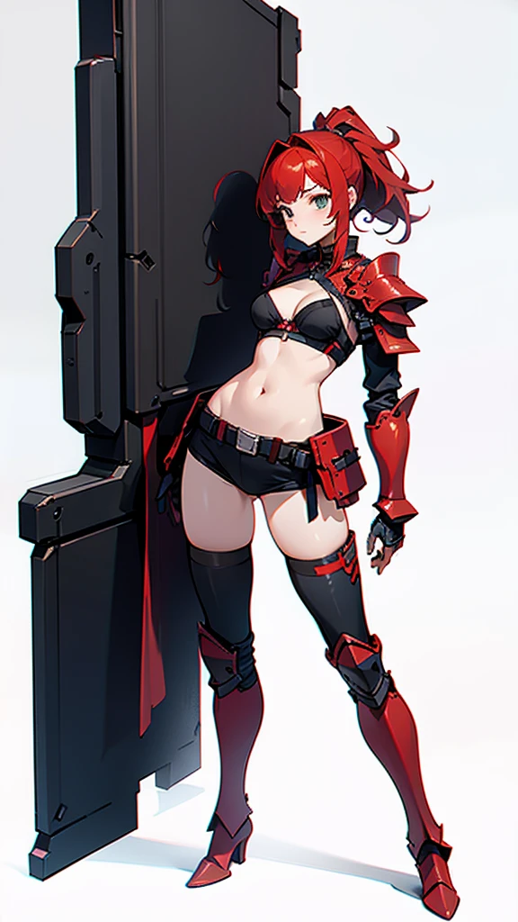 a girl wearing bra and panties only, full body shot, red hair, thigh high armored boots, simple background