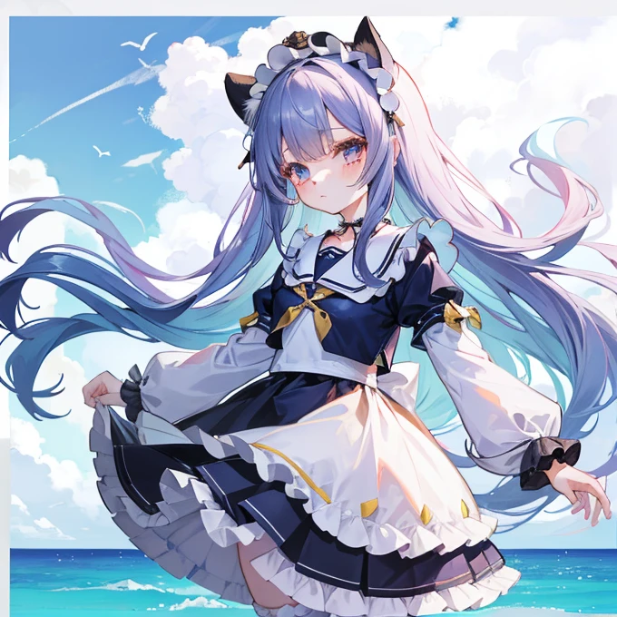 Long navy hair,Fluffy ta Skirt,Fufu has a very cute face,It's a cute girl,At sea