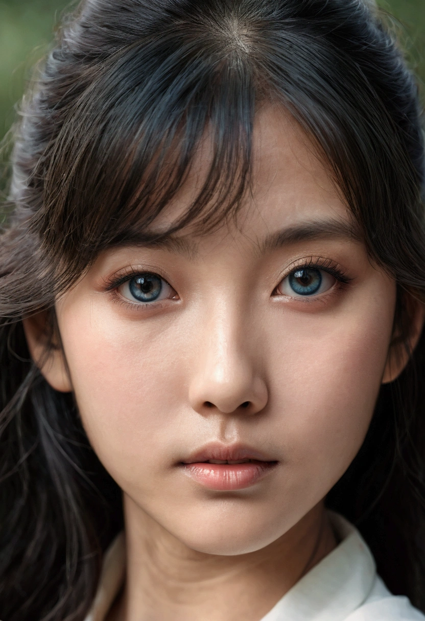 (detailed and realistic portrait of a girl with a clean face), (round eyes and long flutters hair shot outside),staring at camera,magical photography, dramatic lighting, photo realism, ultra-detailed,
intimate portrait composition, (centered image composition),(close up shot:1.6),best quality,f/1. 8, 85mm,
(28years asian woman), black_hair, bangs,(black_eyes:1.2),(bangs),makeup,white_dress,
(hazy blue_sky_background)