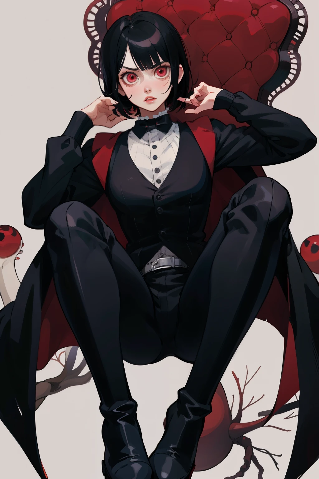 Mature girl, anime female character, short black hair, bangs, red eyes, vest, boots, full body shot, pose, elegant, bangs, ouji fashion, "Black Butler" inspired outfit., anime, Gothic art, anime, Gothic art, masterpiece, anatomically correct, accurate, high details, highres, 4K, 8K, highres, 1080P, super detail, masterpiece, anatomically correct