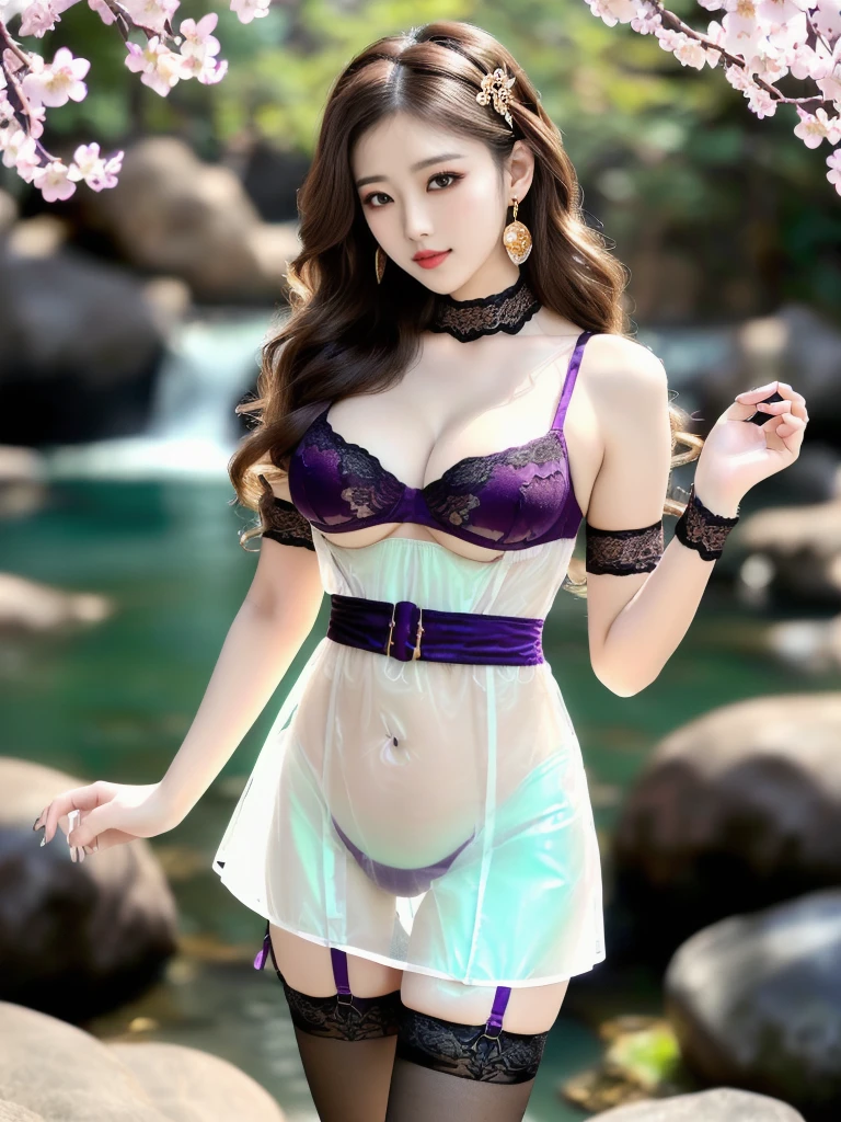 An Asian Chinese female model, (Waterfall Background), (8K Ultra HD, Digital SLR Camera, Soft Light, high quality, Volumetric Lighting, frank, photo, high resolution, 4K, 8K, Bokeh), ((Create stunning images of real girls), warm light, Dynamic poses, Elegant Posture, Cowboy lens, Full body front view, From the front，Be confident, Body facing the camera, Standing posture facing the camera, Open your legs slightly, Golden Ratio Graphics, Minimalism), (Show a charming smile, Willow Leaf Eyebrows, big eyes, Apricot eye prick, Cherry Blossom, Balanced Eyes, Oval face, Pretty Face, Normal facial features, Skin is transparent and visible, Thin skin and tender meat, cosmetic, earrings, bracelet, necklace, Jewelry, veil, Hair accessories), (Brown hair, Wavy curly hairstyle, Waist-length hair, Messy Hairstyle, Gradient hairstyles, Cyberpunk hairstyle), ((Transparent clothes：1.5), (The color of the clothes:Dark purple), Transparent nightdress, Mesh clothes, Fully transparent maxi dress, Lace sexy lingerie), (Sexy, Perfect breast shape, Teardrop chest shape, Snow-white breasts, very detailed breasts, 34E cup), (Super high waist clothes, Chest hollow,(Camel toe, High fork strangulation)), (Black socks, Sheer lace knee socks, 吊garter, Leg ring, garter, 腿部garter)