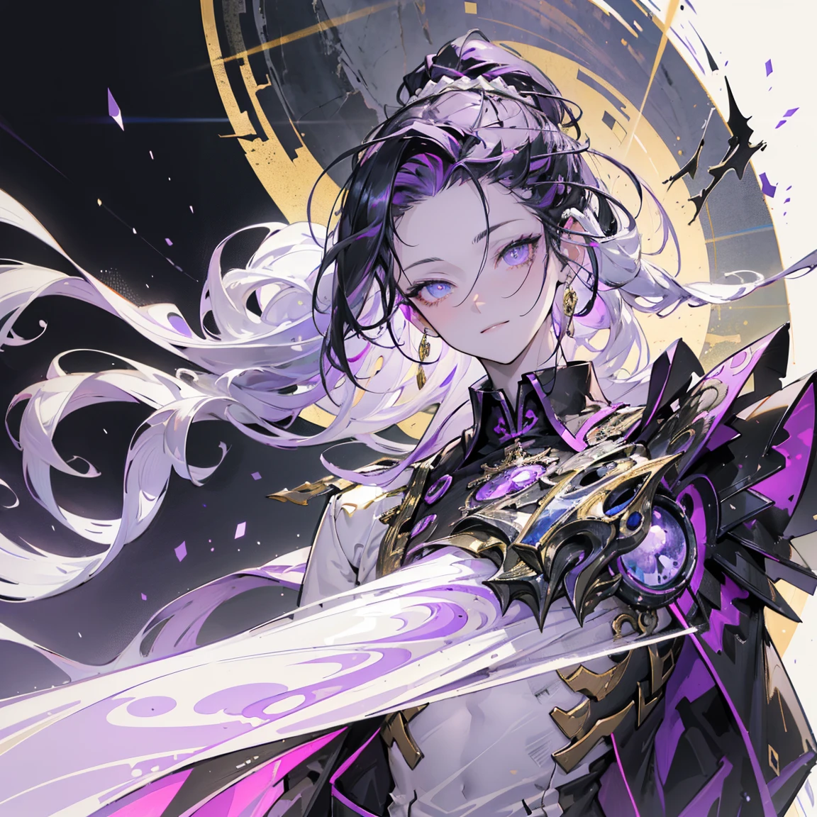 cheerful boy aristocrat open forehead. dark purple hair braided in a ponytail on the left side to one side. sinuous black horns wrapped in dark purple ribbon. pale violet eyes. in short dark purple shorts. long white T-shirt. dark purple knee-high socks. a white long robe with a hood flutters in the wind. black ancient stone walls of the castle purple light from lamps with gold ornaments, heterochromia, long curly hair, pale skin, I look at the viewer, closed mouth, bright smile, Beautiful, extremely detailed eye, Absolutely amazing art, extremely detailed, Digital art of the highest quality, full length, old piano, ancient walls of a stone castle
