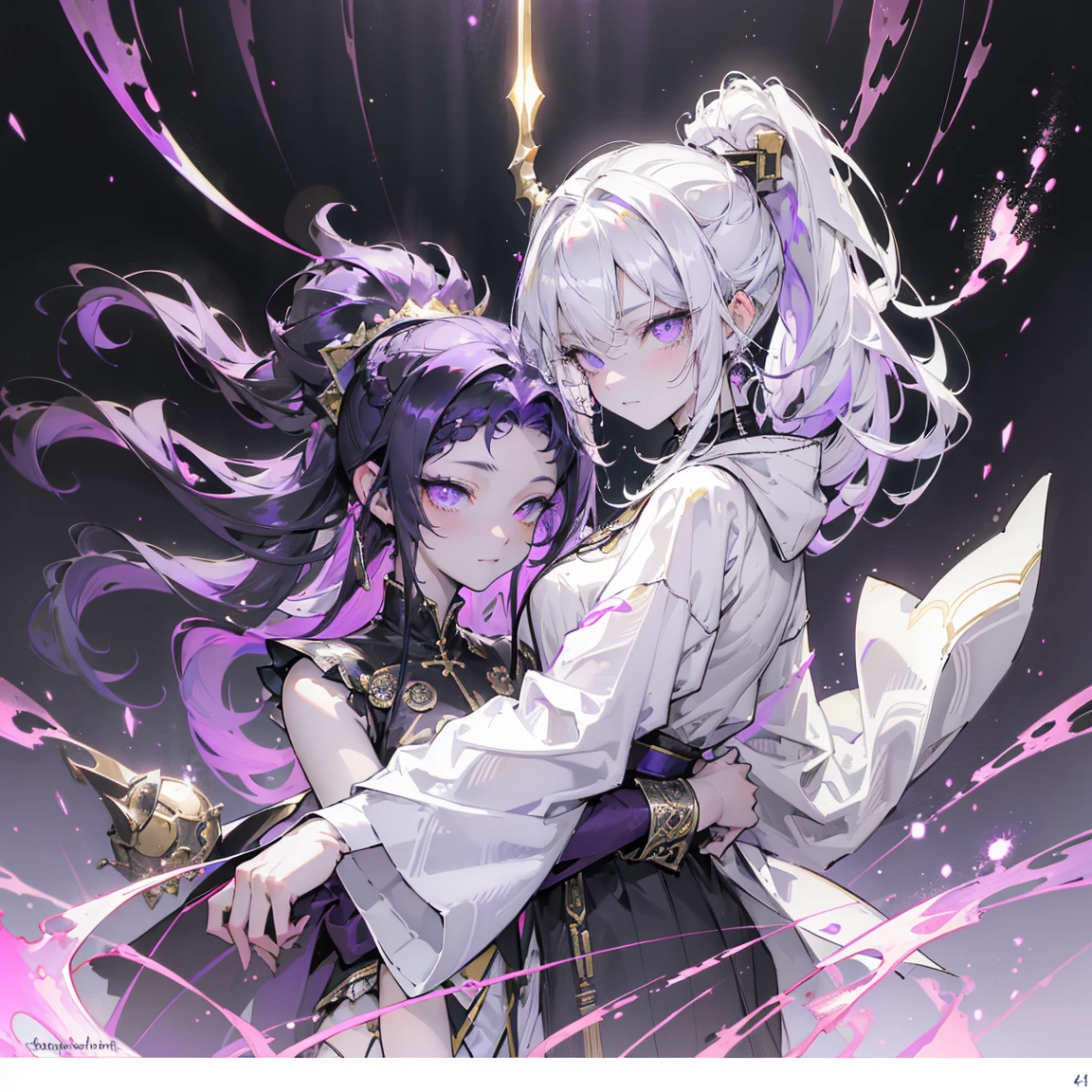 cheerful boy aristocrat open forehead. dark purple hair braided in a ponytail on the left side to one side. sinuous black horns wrapped in dark purple ribbon. pale violet eyes. in short dark purple shorts. long white T-shirt. dark purple knee-high socks. a white long robe with a hood flutters in the wind. black ancient stone walls of the castle purple light from lamps with gold ornaments, heterochromia, long curly hair, pale skin, I look at the viewer, closed mouth, bright smile, Beautiful, extremely detailed eye, Absolutely amazing art, extremely detailed, Digital art of the highest quality, full length, old piano, ancient walls of a stone castle