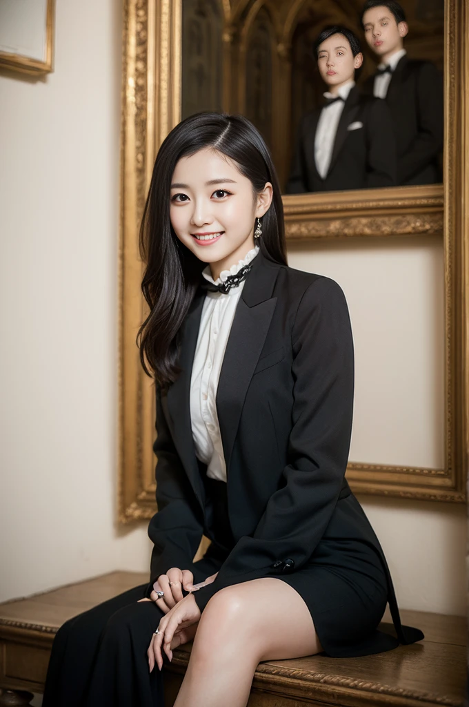 Pure young Japanese girl, wearing dark color classical suits and skirts, vivid makeup, natural black hair styles, sitting in antique gothic style rooms, sweet smile, secret temptations, professional portrait photography, 