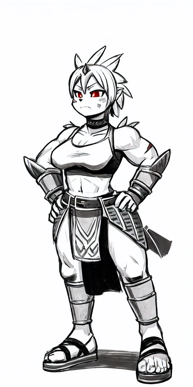 Subject: 1 Solo Female Gladiator Pose: Full body, whole body Standing tall, hands on hips (conveying confidence) Feet together, conveying a strong stance View from slightly below, emphasizing her power Clothing and Armor: Loincloth (detailed and well-crafted, showcasing her warrior status) Metal sandals, sturdy and battle-worn Leather choker, adorned with a gladiator emblem or small spikes (optional) Big belt, holding additional weapons or pouches (optional) Bracers on forearms, for protection Jewelry: Tiara (can be simple and battle-ready, or adorned with feathers or gladiator symbols) Additional Details: Strong, defined muscles Determined expression on her face Optional: scars or other battle marks that tell a story of her victories