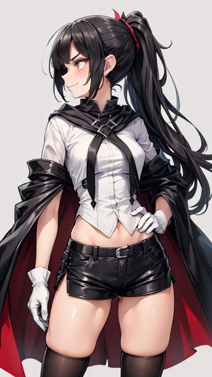 Adult features　tall　ponytail　Slit eyes　laugh at　Glare　frivolous attitude　Evil Face　White shirt　Black hot pants　Black long gloves　Black knee socks　One-sided cloak　grassland　profile