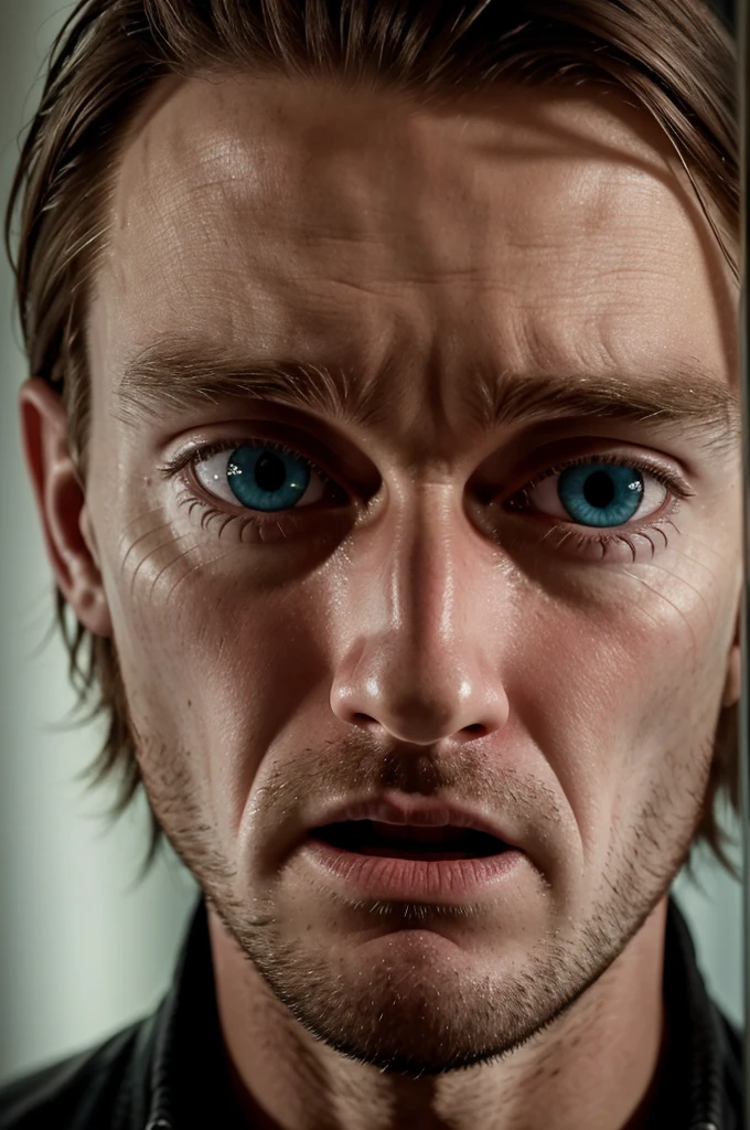 Create an image of Close-up of Tom Harper's terrified face"
Description: A detailed shot of Tom's face showing fear and confusion, with the reflection of the eerie figure visible in his wide eyes.