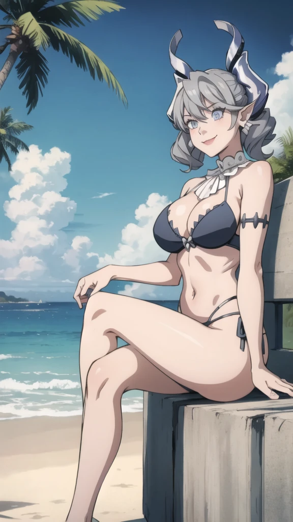 Beautiful arts wallpaper Sunset Outside castle top High level image quality best image quality 8K adult woman silver castle outside more colors whole body view portrait wearing pure black bikini horn ears short hair((shortcut)(gray hair)(perm)(fluffy)) eye color is blue , , attractive evil face , smile , beach , labrynth , barefoot , teasing with her breast, , sitting with crossed legs , big waves , alot of palm trees