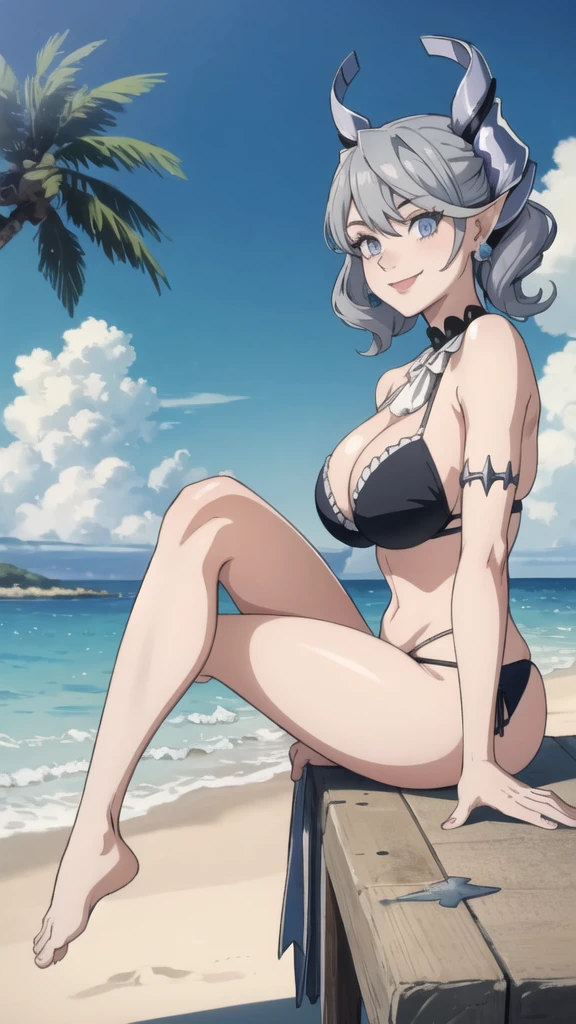 Beautiful arts wallpaper Sunset Outside castle top  High level image quality　best image quality　8K　 adult woman   silver castle outside  more colors   whole body view　portrait　 wearing pure black bikini   　horn    ears  　short hair（（shortcut）（gray hair）（perm）（fluffy））　eye color is blue ,  , 　attractive evil face , smile   ,  beach   ,  labrynth       , barefoot , teasing with her breast,   , sitting with crossed legs  ,  big waves , alot of palm trees