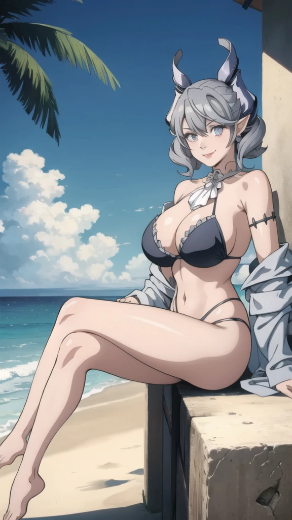 Beautiful arts wallpaper Sunset Outside castle top  High level image quality　best image quality　8K　 adult woman   silver castle outside  more colors   whole body view　portrait　 wearing pure black bikini   　horn    ears  　short hair（（shortcut）（gray hair）（perm）（fluffy））　eye color is blue ,  , 　attractive evil face , smile   ,  beach   ,  labrynth       , barefoot , teasing with her breast,   , sitting with crossed legs  ,  big waves , alot of palm trees