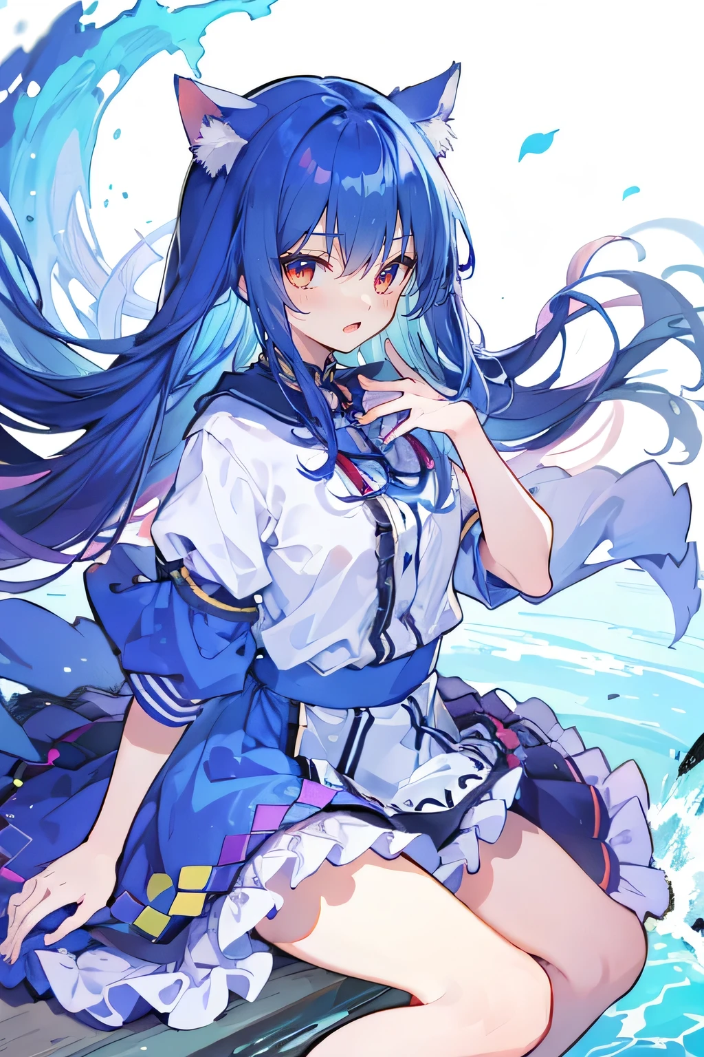 （masterpiece：1.2），Super detailed，lifelike，Expressive eyes，fair skin，perfect face shape，1 girl，
Japanese comics,Gorgeous blue hair,flowing blue hair,flowing clothes,Cat ears,Petals fall,beautiful lola,Baby Angel,
Shaking head with one hand，Cross your legs，Gentle and peaceful background，,smile, wearing hoodie, Clear sky，seaside，Clear blue sky，Clear World。