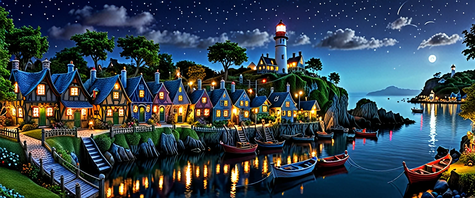 ais-olde, A whimsical scene of a ais-olde fairy village at night, with tiny harbor, fishing boats, a lighthouse, houses, bridges, and gardens all intricately detailed to look ais-olde, smoke from chimneys, buildings with ethereal lights dark, atmospheric, dynamic, cinematic, masterpiece, intricate, hdr.