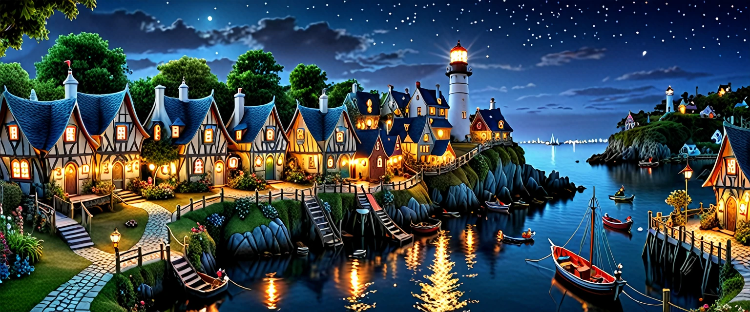 ais-olde, A whimsical scene of a ais-olde fairy village at night, with tiny harbor, fishing boats, a lighthouse, houses, bridges, and gardens all intricately detailed to look ais-olde, smoke from chimneys, buildings with ethereal lights dark, atmospheric, dynamic, cinematic, masterpiece, intricate, hdr.