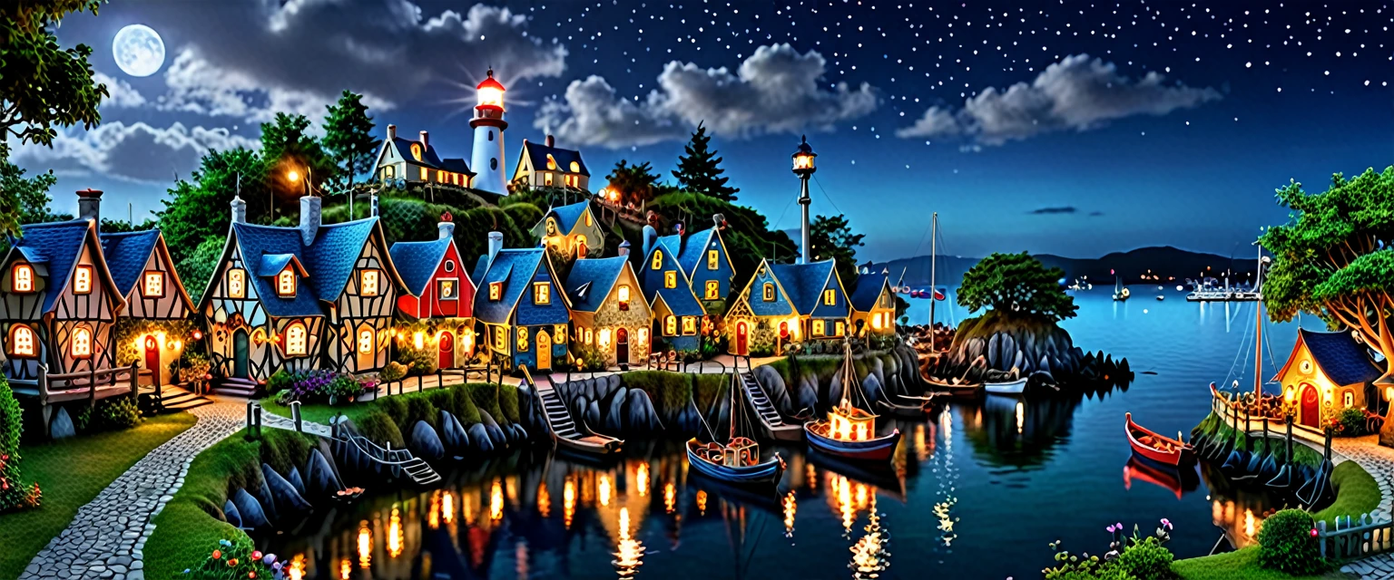 ais-olde, A whimsical scene of a ais-olde fairy village at night, with tiny harbor, fishing boats, a lighthouse, houses, bridges, and gardens all intricately detailed to look ais-olde, smoke from chimneys, buildings with ethereal lights dark, atmospheric, dynamic, cinematic, masterpiece, intricate, hdr.