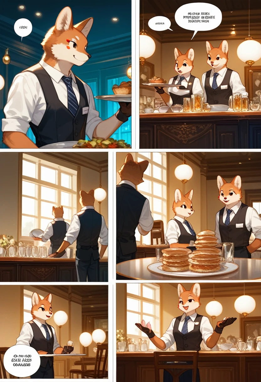 top quality, best quality, highres, masterpiece, super high resolution, detailed background, Casual reutaurant interior, part-time job, waiter, boys, girls, absurdres(highly detailed beautiful face and eyes)perfect anatomy, good lighting, cinematic shadow(kemono, furry anthro)assorted expressions, assorted poses, assorted angles, full body, upper shot, dynamic angle(girls comic-like panel layouts, speech balloon, English text, Hand-drawn sound effects stickers used in girls comic),