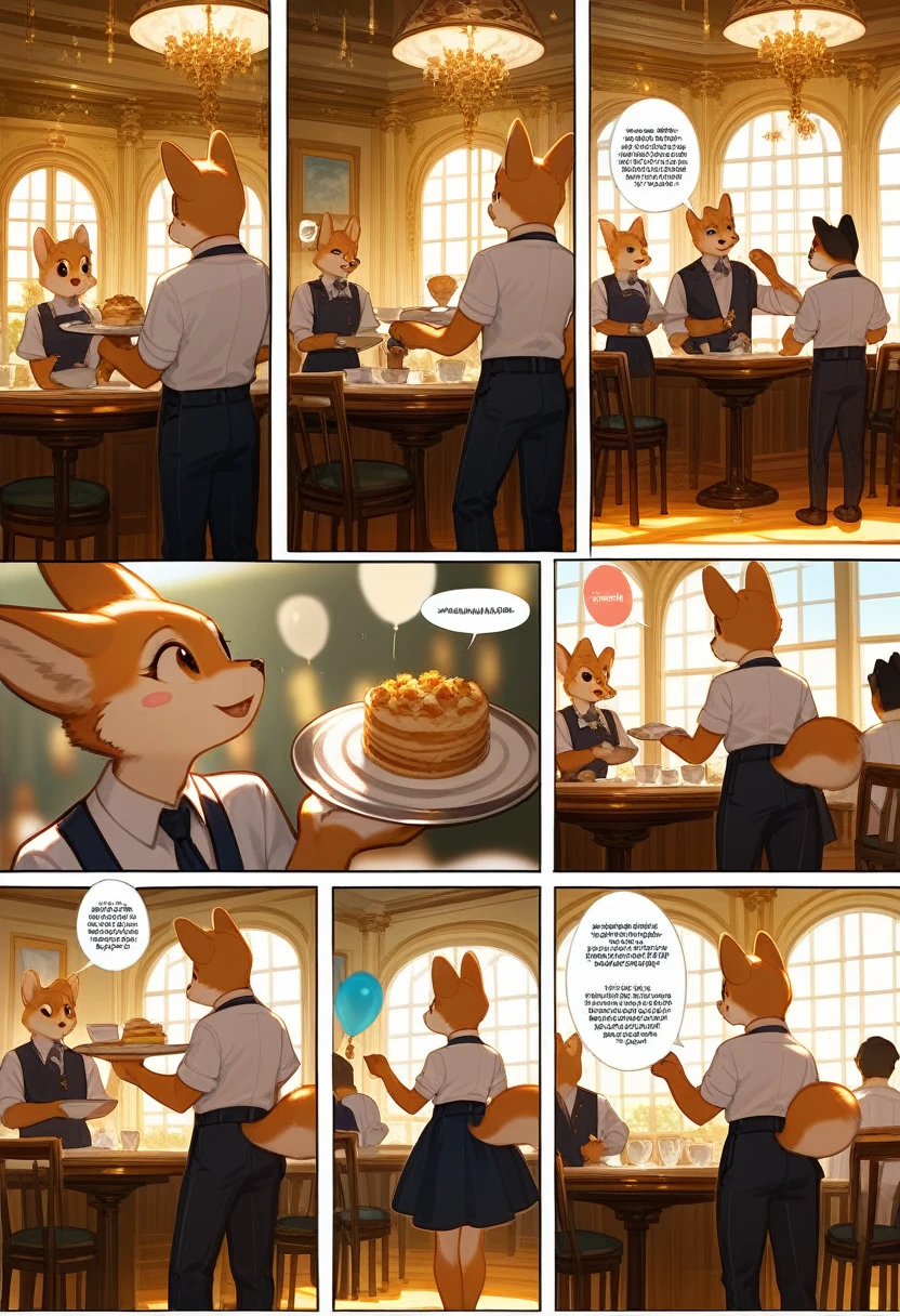 top quality, best quality, highres, masterpiece, super high resolution, detailed background, Casual reutaurant interior, part-time job, waiter, boys, girls, absurdres(highly detailed beautiful face and eyes)perfect anatomy, good lighting, cinematic shadow(kemono, furry anthro)assorted expressions, assorted poses, assorted angles, full body, upper shot, dynamic angle(girls comic-like panel layouts, speech balloon, English text, Hand-drawn sound effects stickers used in girls comic),