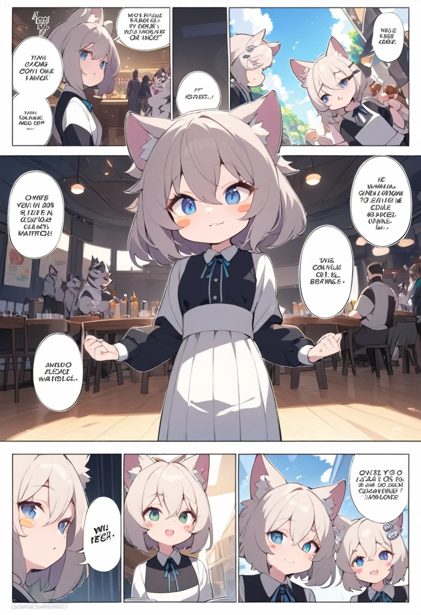 top quality, best quality, highres, masterpiece, super high resolution, detailed background, Casual reutaurant interior, part-time job, waiter, boys, girls, absurdres(highly detailed beautiful face and eyes)perfect anatomy, good lighting, cinematic shadow(kemono, furry anthro)assorted expressions, assorted poses, assorted angles, full body, upper shot, dynamic angle(girls comic-like panel layouts, speech balloon, English text, Hand-drawn sound effects stickers used in girls comic),