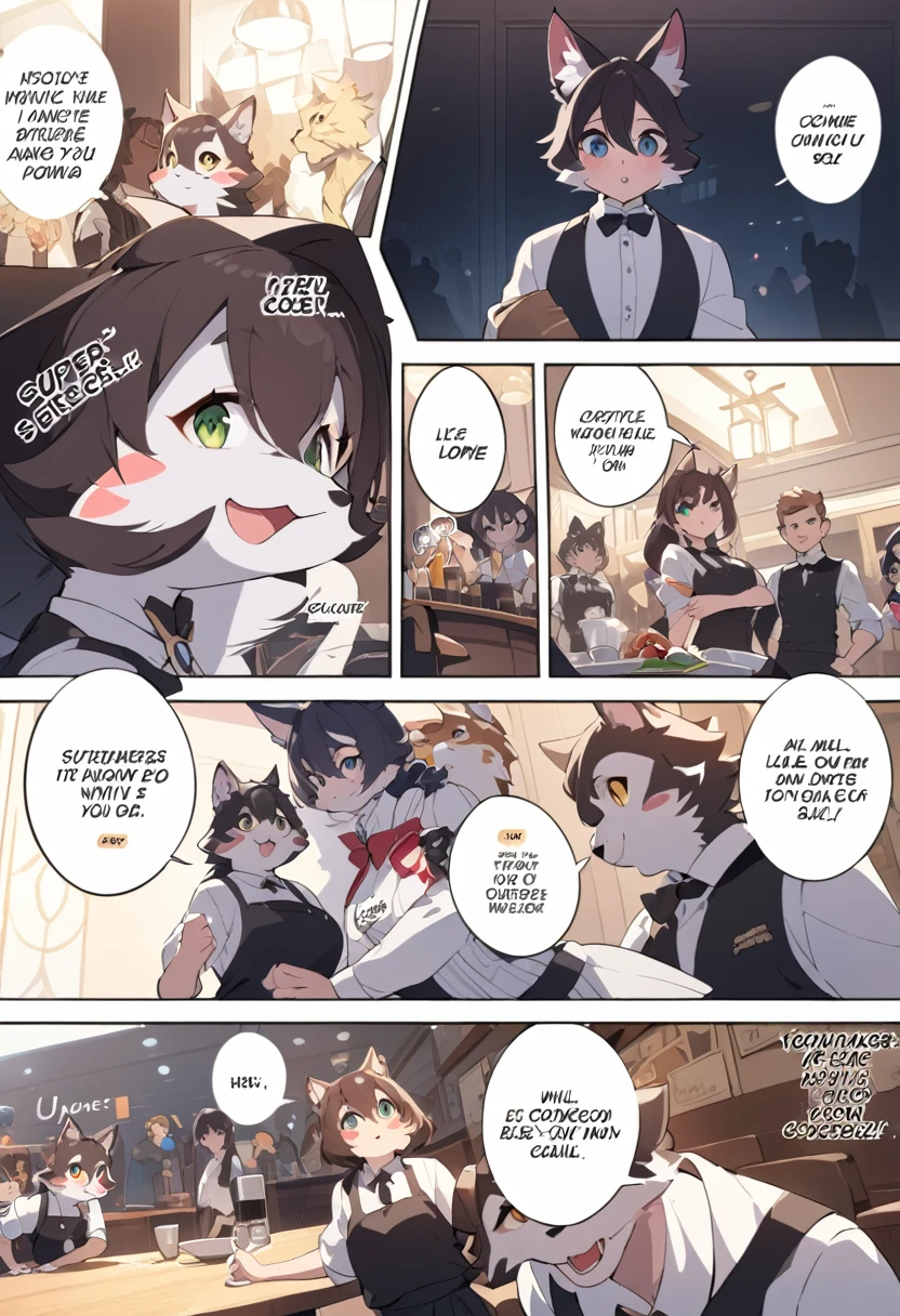 top quality, best quality, highres, masterpiece, super high resolution, detailed background, Casual reutaurant interior, part-time job, waiter, boys, girls, absurdres(highly detailed beautiful face and eyes)perfect anatomy, good lighting, cinematic shadow(kemono, furry anthro)assorted expressions, assorted poses, assorted angles, full body, upper shot, dynamic angle(girls comic-like panel layouts, speech balloon, English text, Hand-drawn sound effects stickers used in girls comic),