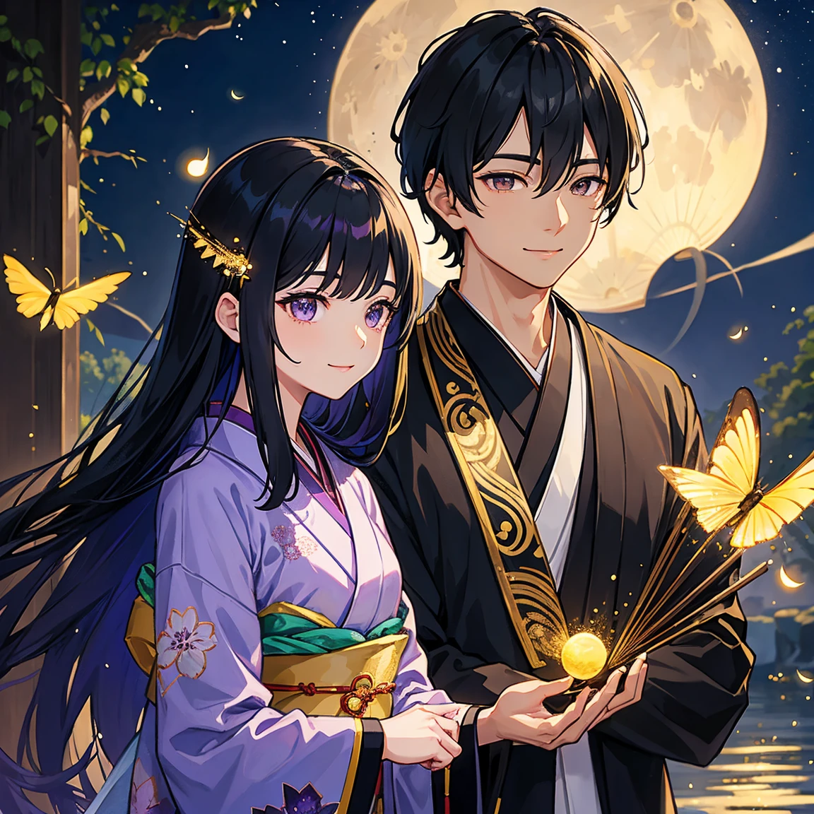 black hair、golden eye、beautiful、juvenile、fireflies fly around、Black and purple firefly and moon pattern wearing kimono、Holding a folding fan、male、smiling、Near the river