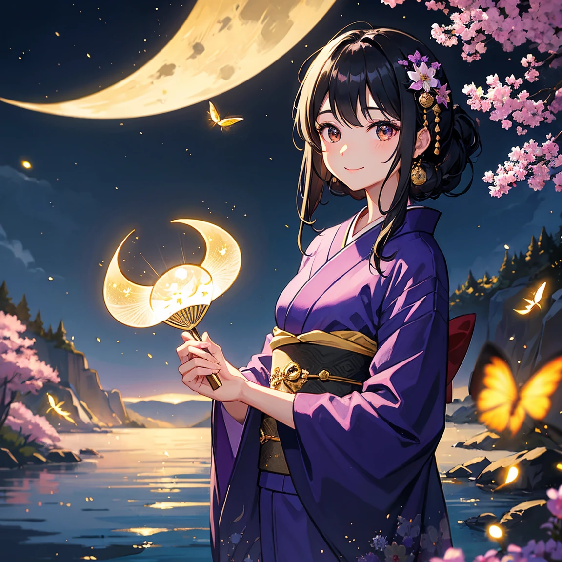 black hair、golden eye、beautiful、juvenile、fireflies fly around、Black and purple firefly and moon pattern wearing kimono、Holding a folding fan、male、smiling、Near the river