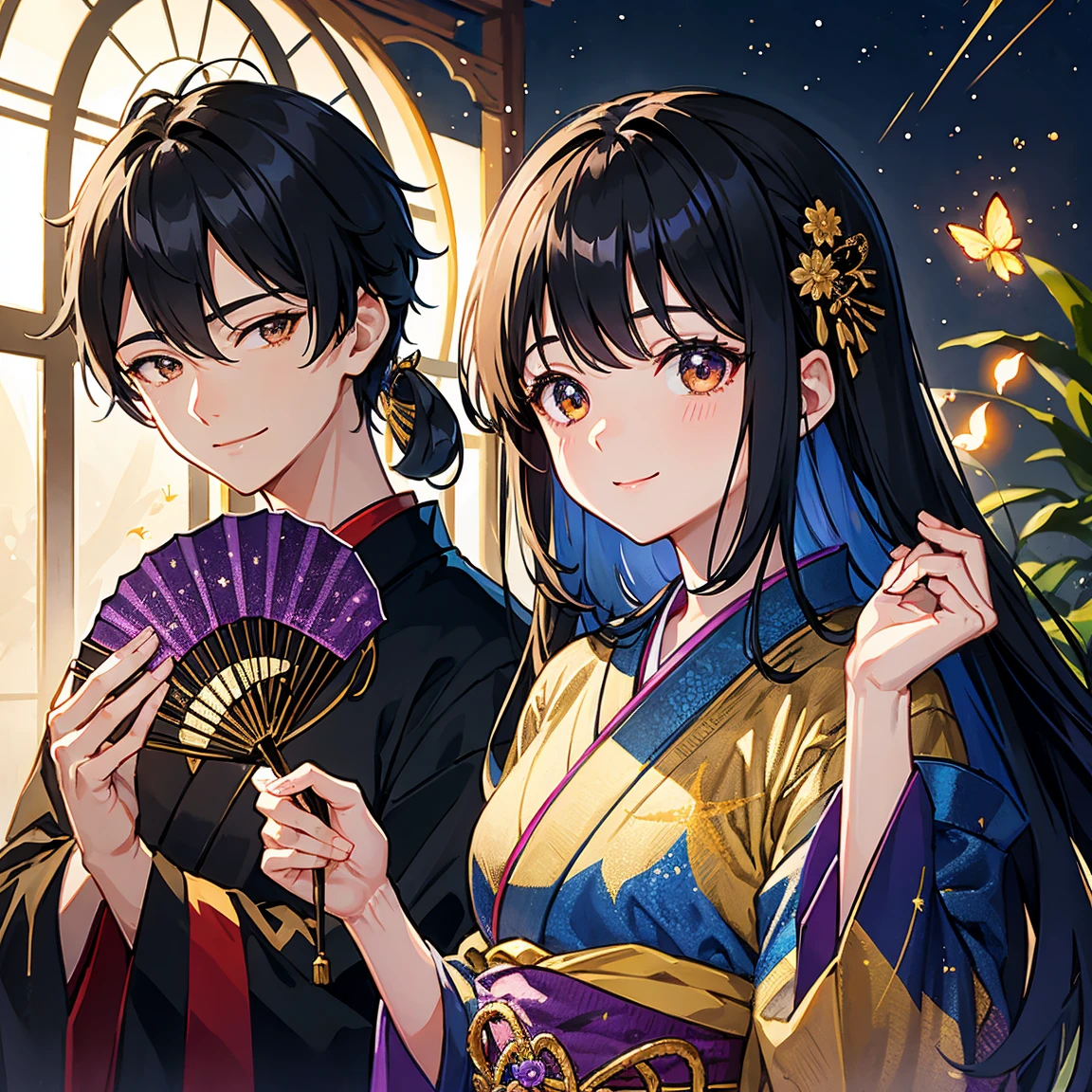 black hair、golden eye、beautiful、juvenile、fireflies fly around、Black and purple firefly and moon pattern wearing kimono、Holding a folding fan、male、smiling、Near the river
