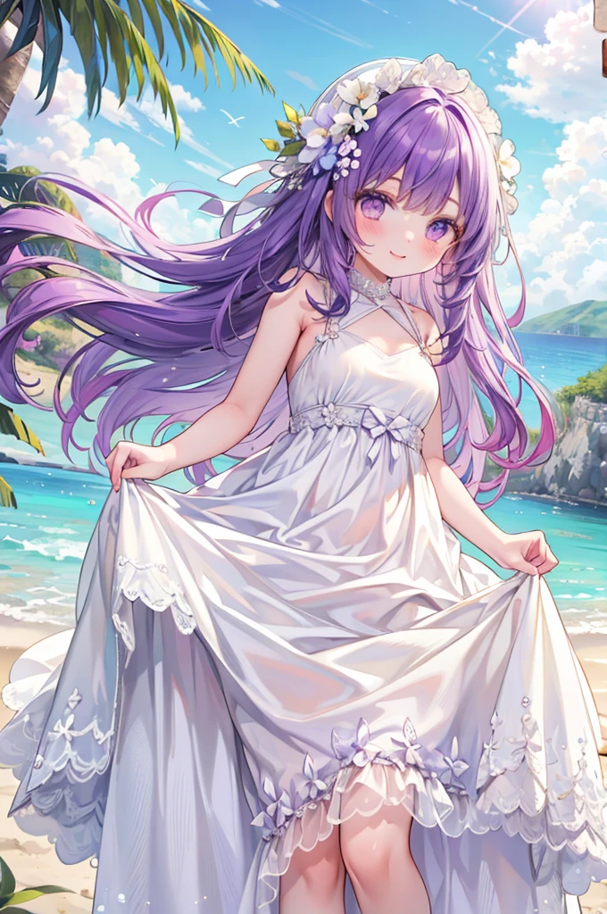 masterpiece, best quality,
1girl, view from below,
(lift up the white dress:1.5), (white dress:1.2), purple bikini bottoms, purple hair, smile,
sandy beach,
