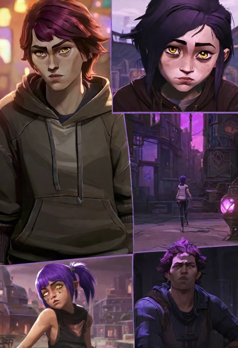 score_9, score_8_up, score_7_up, score_6_up, score_5_up, score_4_up, BREAK Arcane, best aesthetic, league of legends, thin, pale skin, skinny, tired expression, low ponytail, purple hair, yellow eyes, eye bags, tired expression, purple hoodie, thick thighs, black shorts, tight clothing, city background, purple clothes with black highlights,
