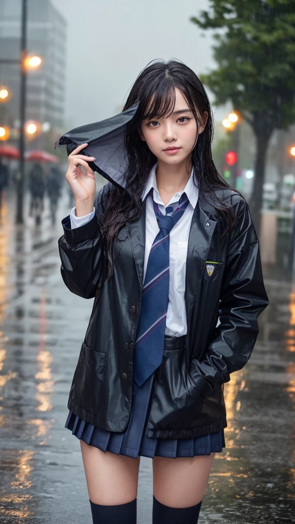 A woman, rain-soaked hair, rain-soaked face, rain-soaked clothes, messy hair, whole body wet with rain, (((school uniform))), 20 years old, beautiful, pretty face, cute face, rainy cityscape