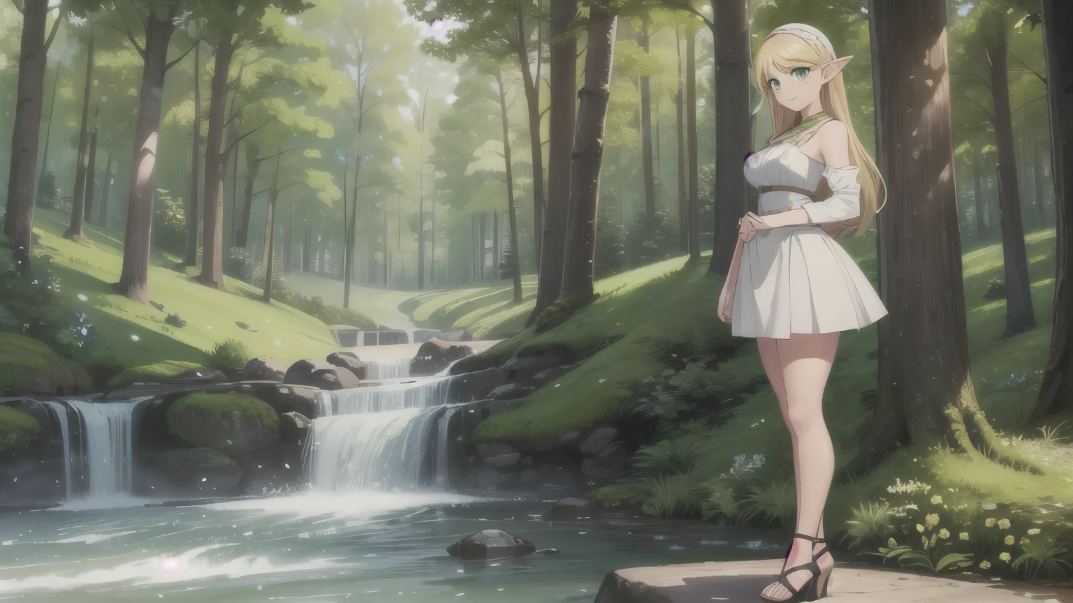 masterpiece, Best quality, 1 girl, elf, green eyes, blonde, (standing:1.1), (the forest:1.1), POV, Perfect eyes, hands at sides, River, portrait, whole body, smile, Sandals with heels, Beautiful landscape, trees