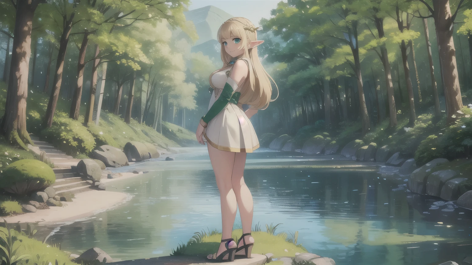 masterpiece, Best quality, 1 girl, elf, green eyes, blonde, (standing:1.1), (the forest:1.1), POV, Perfect eyes, hands at sides, River, portrait, whole body, smile, Sandals with heels, Beautiful landscape, trees