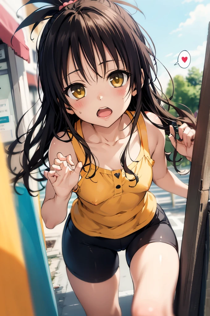 1girl,solo,yuuki mikan,, ,brown hair,, ,1girl,,,small breasts,,open mouth,,cowboy shot,,(spoken heart),outdoor,,looking viewer,,bike shorts,